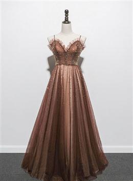 Picture of Shiny Tulle Beaded Long Straps Floor Length Party Dresses, A-line Formal Gown